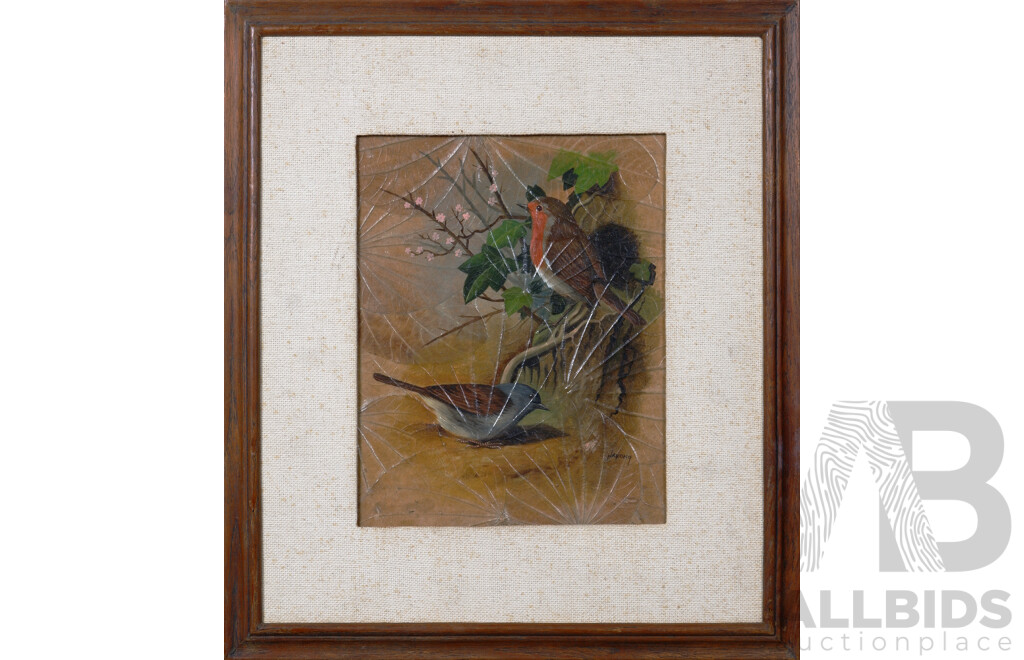 Narong, (20th Century, Thai, Working 1970s), The Dunnock and the Robin, Oil on Leaves on Board, 41 x 35.5 cm (frame)