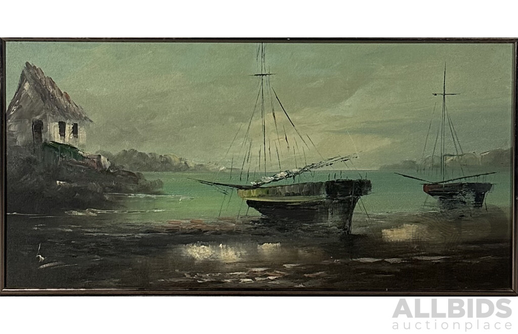 Artist Unknown, Vintage Boats Moored in Bay, Oil on Canvas Board, 49 x 47 Cm (frame)