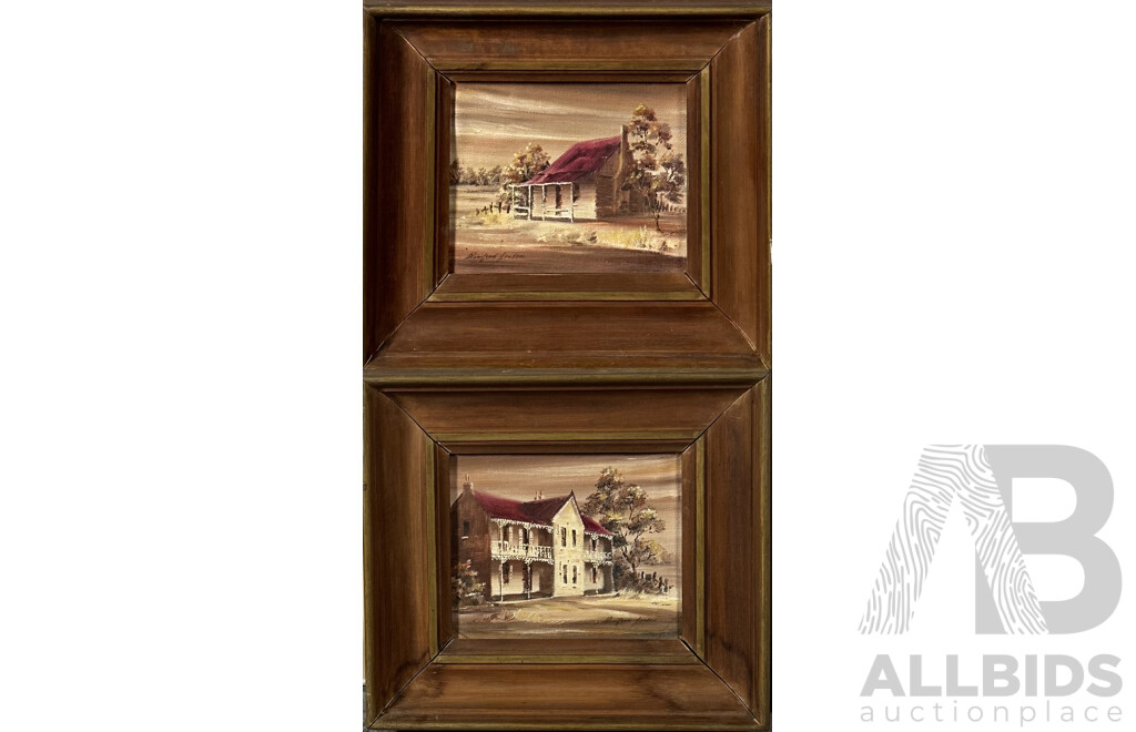 Winifred Woolcott Jensen, (20th Century, Australian), Country Homes (Near Taree and Near Maitland), Pair of Miniature Oils on Canvas Board, 22 x 25 cm (frames) (2)