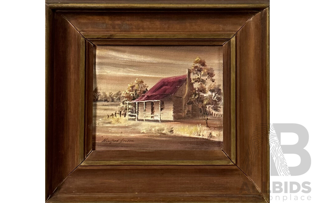 Winifred Woolcott Jensen, (20th Century, Australian), Country Homes (Near Taree and Near Maitland), Pair of Miniature Oils on Canvas Board, 22 x 25 cm (frames) (2)