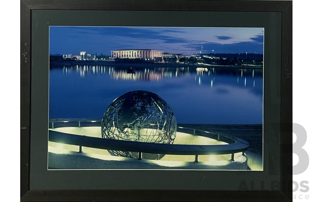 Photographer Unknown, Framed Photograph of Canberra, National Library Behind Lake Burley Griffin with Captain Cook Memorial,  50 x 75 cm (image)