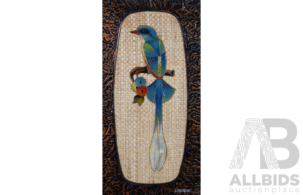 Les Frizelle, Vintage Original Cloisonné in Enamelled Copper, Raquet Tail King Fisher, 30 x 15 cm