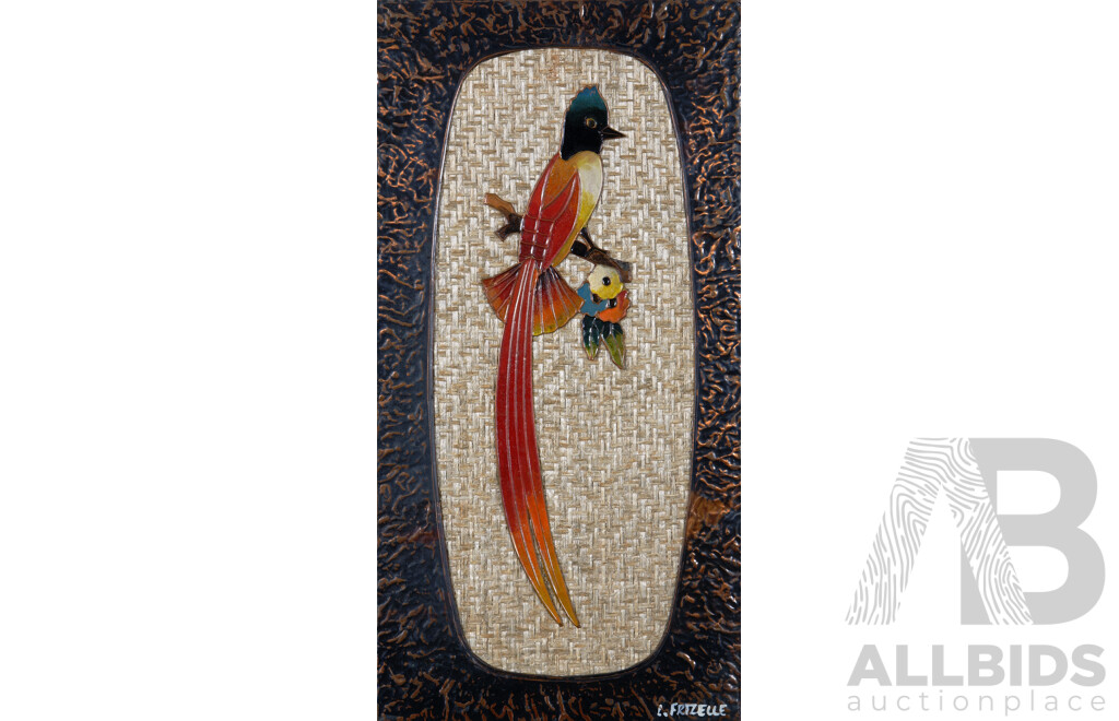 Les Frizelle, Vintage Original Cloisonné in Enamelled Copper, Cape Flycatcher, 30 x 15 cm