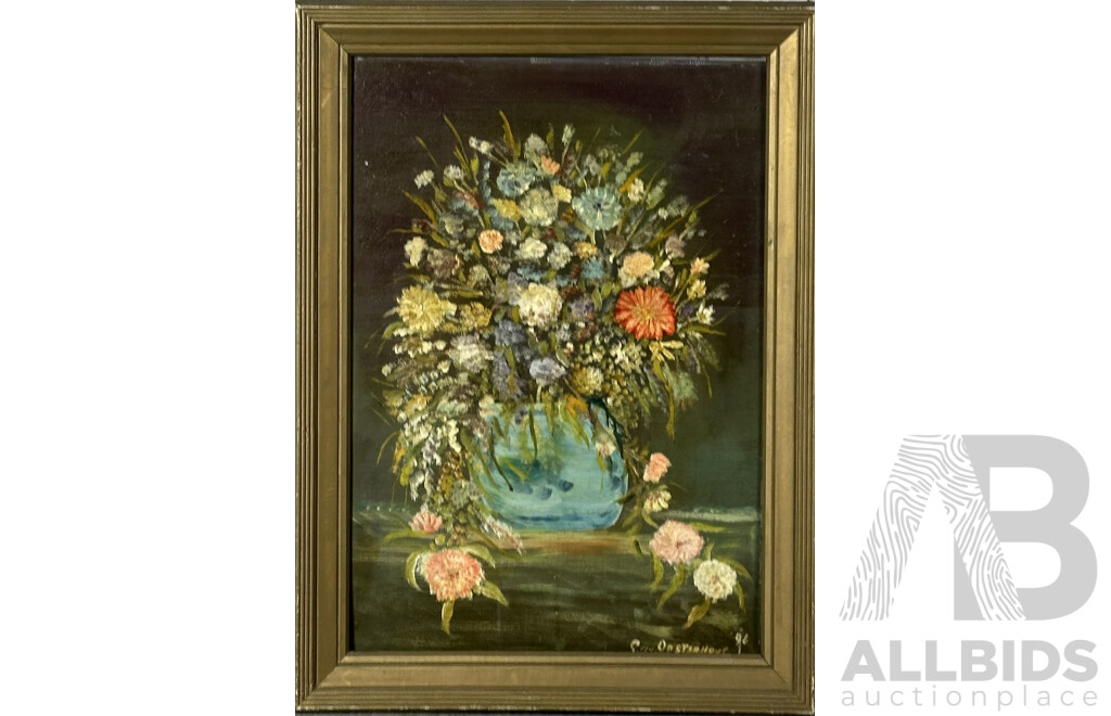 G Von Oosterhout, Still Life Blue Vase of Flowers, Oil on Canvas Board, 85 x 62 cm (frame)