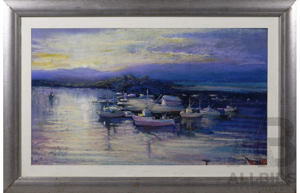 Lee Miller, (20th Century, Australian), Boats Docked in a Calm Dawn, Pastel, 59 x 89 cm (frame)