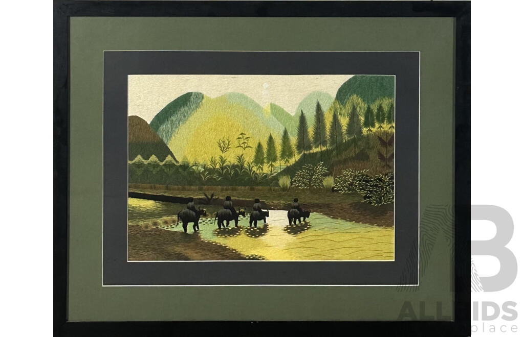 Artist Unknown, Crossing The River,  Framed Long Stitch Embroidery, 63 x 77.5 cm (frame)