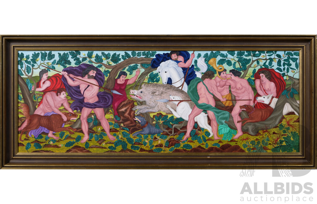 MM. Brunazzi, (Working c1970s), Slaying The Boar (1976), Vintage Oil on Canvas, 53 x 123 cm (frame)