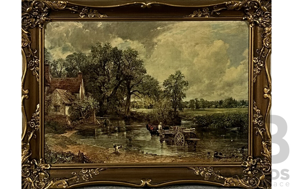 Artist Unknown, Country Scene - Wagon Crossing the River, Antique Oleograph, 60 x 69 cm (frame)