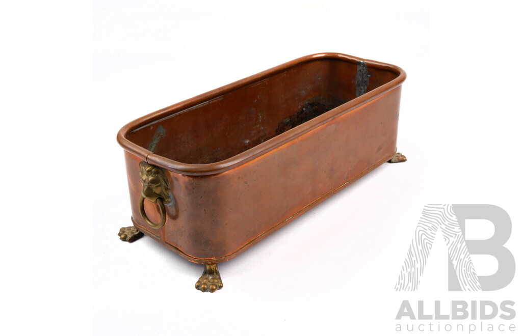 Vintage Copper Trough with Brass Lion Mask Handles and Lions Paw Feet