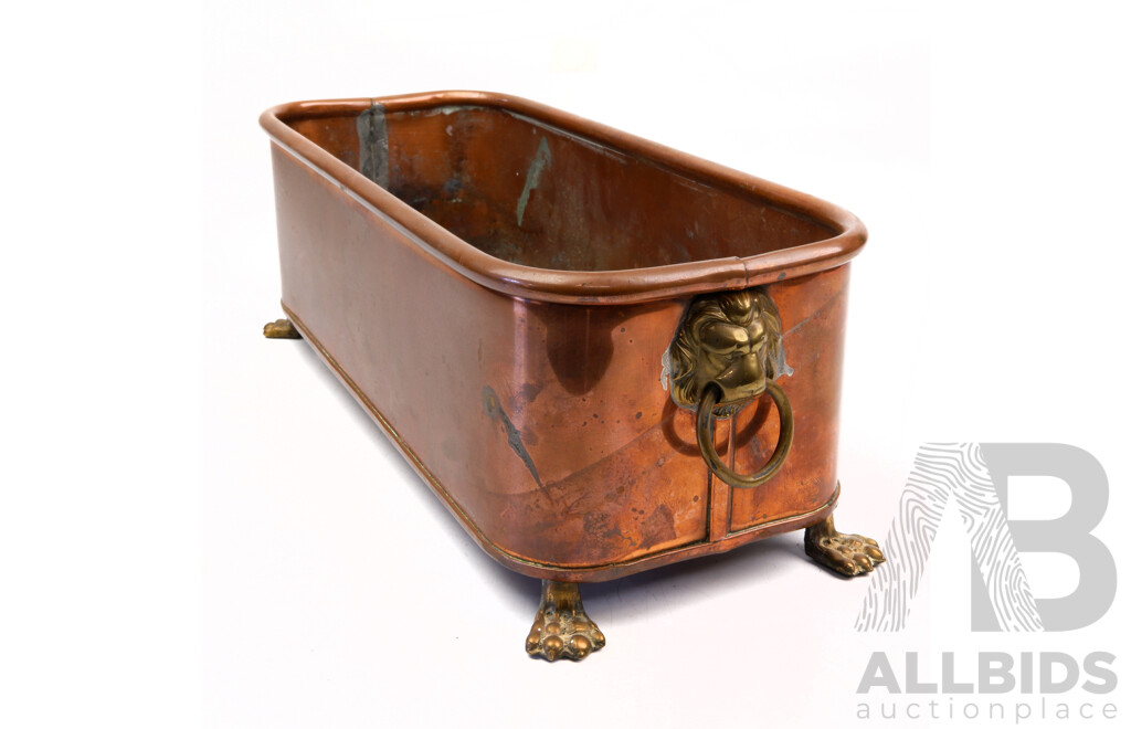 Vintage Copper Trough with Brass Lion Mask Handles and Lions Paw Feet