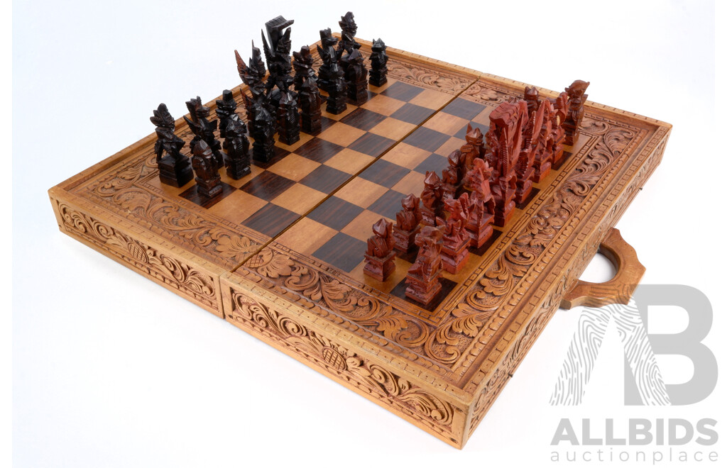 Carved Wooden Folding Chess Set with Carved Wooden Pieces