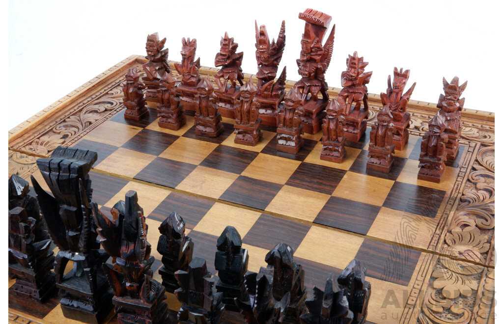 Carved Wooden Folding Chess Set with Carved Wooden Pieces