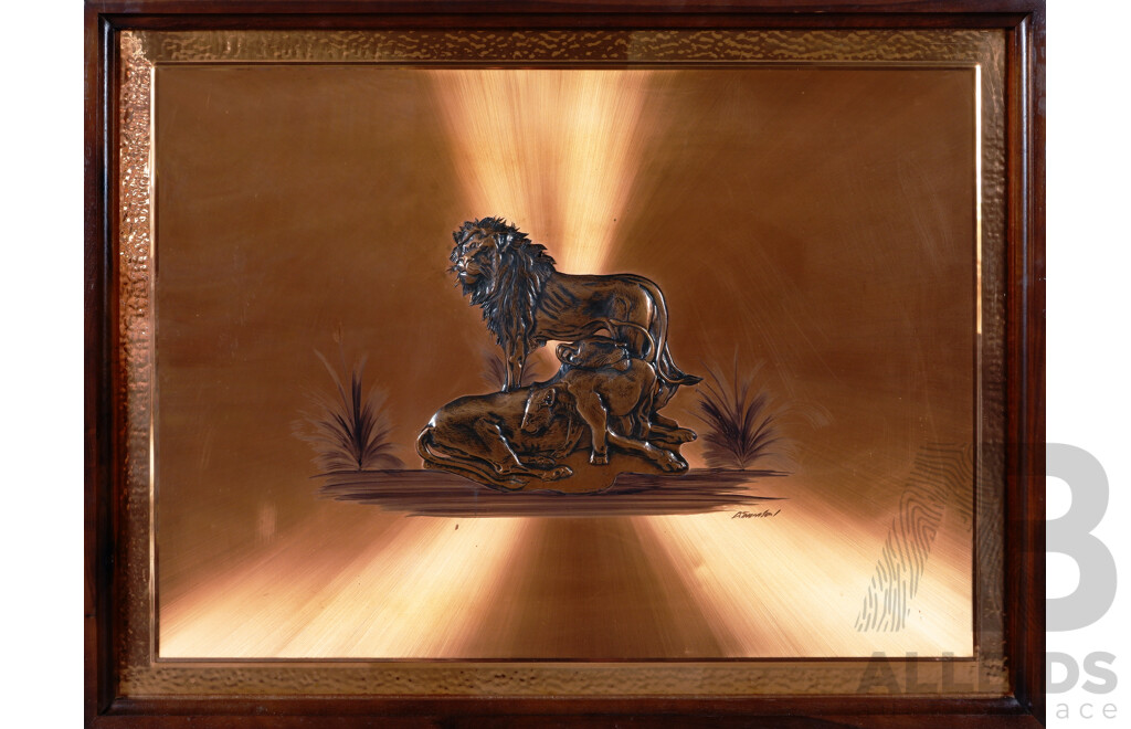 Dennis Thomson, (20th Century, African), Lion, Framed Vintage Copper Relief, 73 x 96 cm (frame)