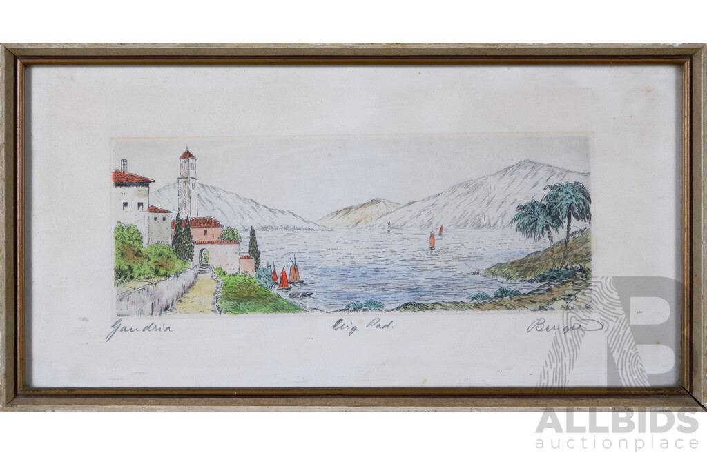 Berger, (Date Unknown), Lovely Vintage Hand Coloured Etching, Gandria, Switzerland, 19.5 x 37 cm (frame)