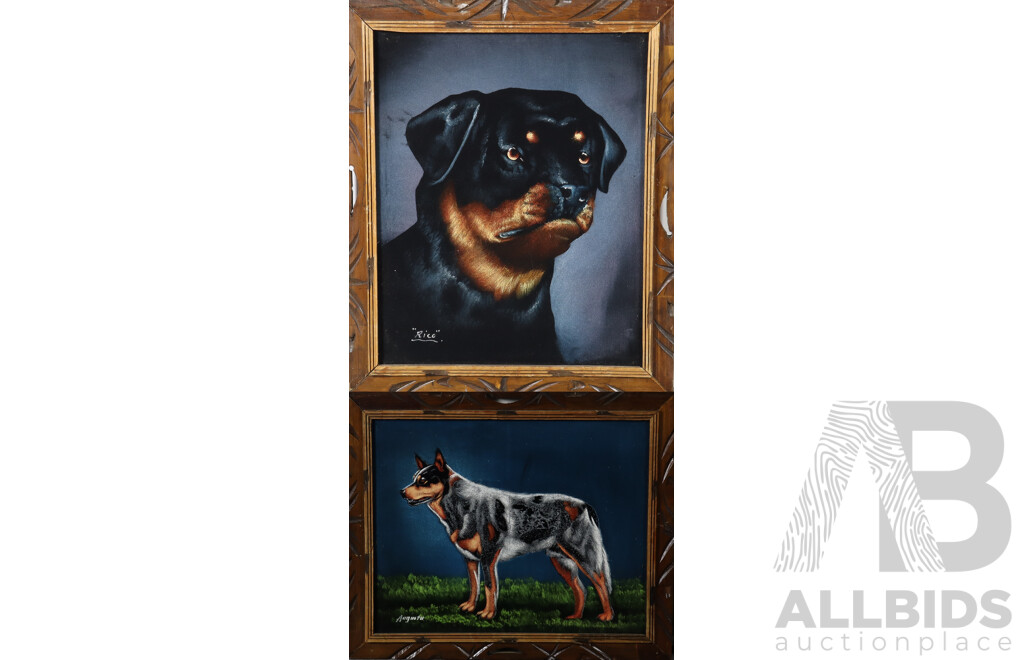 Pair of Retro Vintage Mexican Velvet Dog Paintings - Rottweiler and Blue Heeler, 50 x 60 cm and 60 x 50 cm (frames) (2)