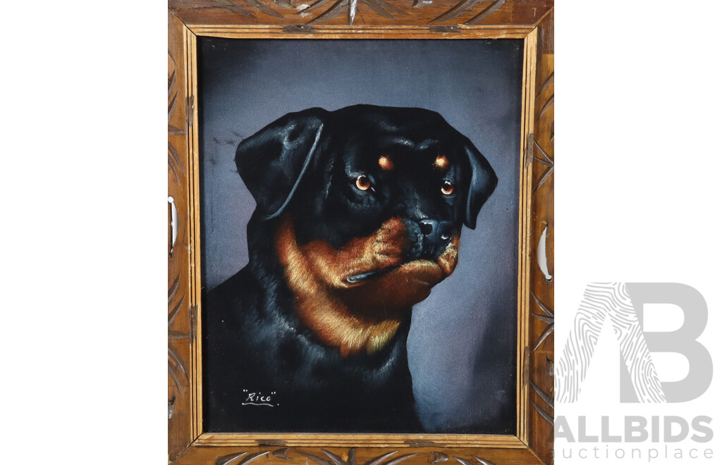 Pair of Retro Vintage Mexican Velvet Dog Paintings - Rottweiler and Blue Heeler, 50 x 60 cm and 60 x 50 cm (frames) (2)