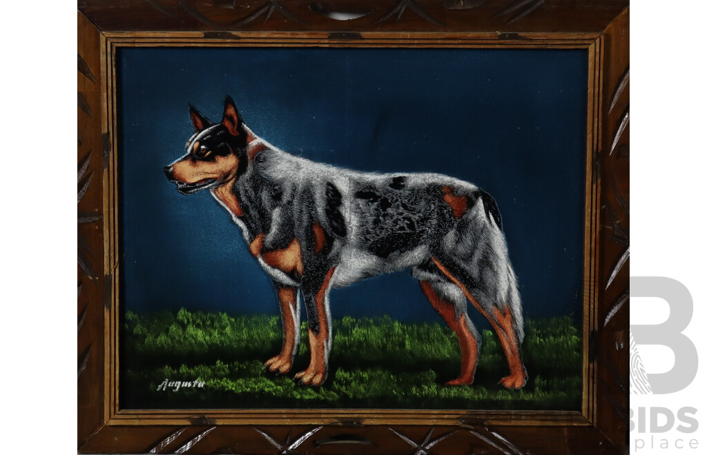 Pair of Retro Vintage Mexican Velvet Dog Paintings - Rottweiler and Blue Heeler, 50 x 60 cm and 60 x 50 cm (frames) (2)