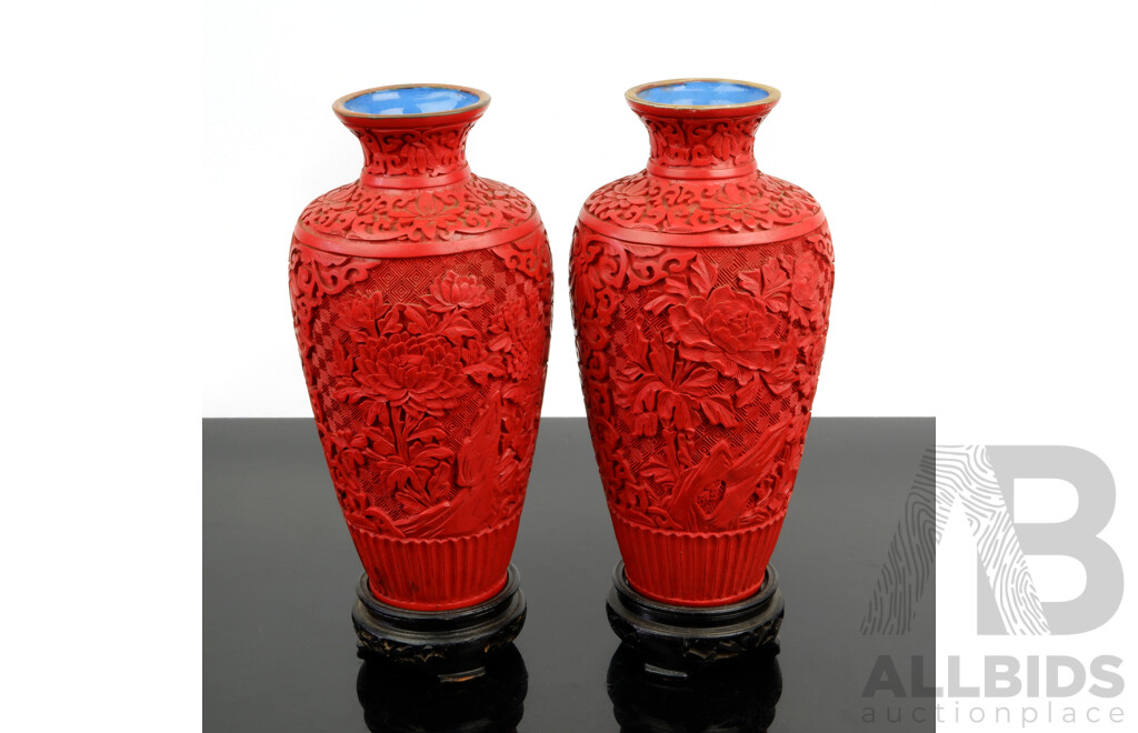 Vintage Hand Carved Chinese Cinnabar Vases on Carved Wooden Stands