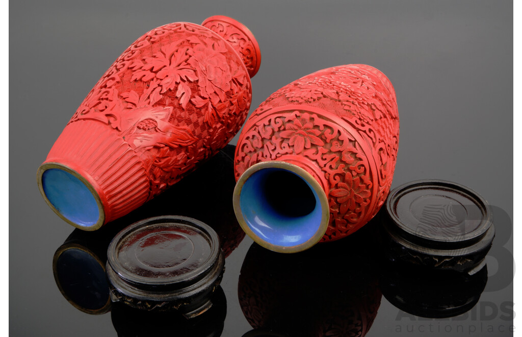 Vintage Hand Carved Chinese Cinnabar Vases on Carved Wooden Stands