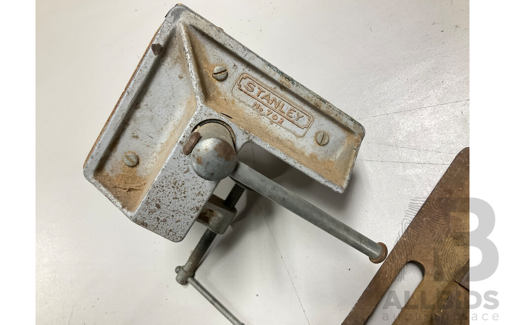 Vintage Stanley Aluminium Corner Vice Number 702, Leggett Tube Repair Clamp Number One and Four Inch Drill Press Vice