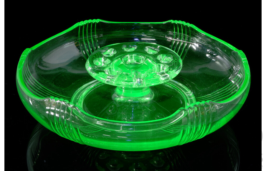 Vintage Art Deco Uranium Glass Centerpiece Bowl with Inbuilt Frog