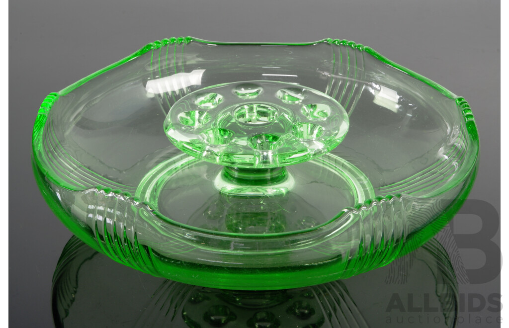 Vintage Art Deco Uranium Glass Centerpiece Bowl with Inbuilt Frog