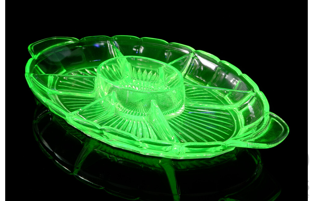 Vintage Art Deco Uranium Glass Divided Section Appetizer Platter