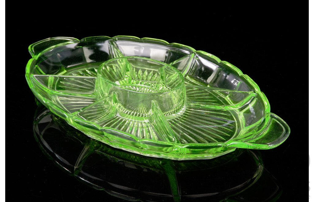 Vintage Art Deco Uranium Glass Divided Section Appetizer Platter