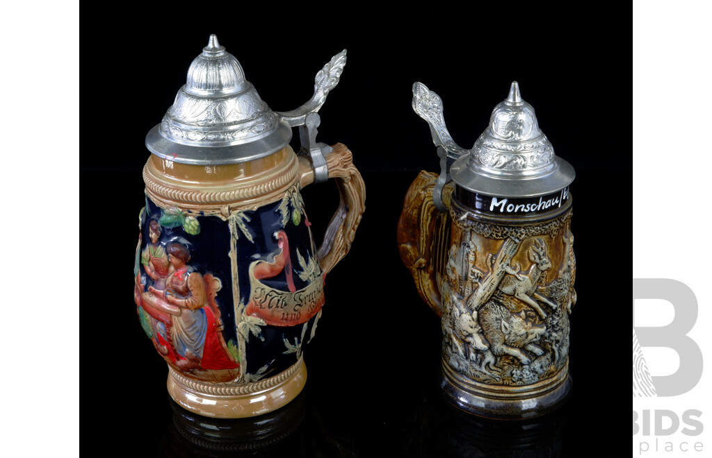 Two German Lidded Ceramic Steins