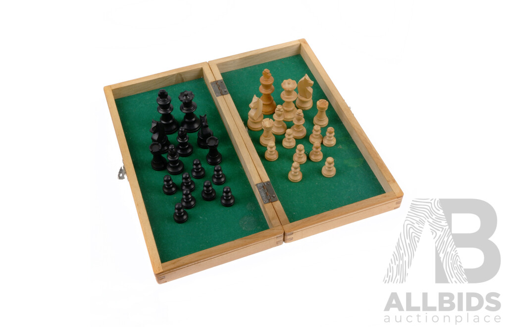 Vintage Folding Wooden Chess Set with Complete Set of Wooden Pieces