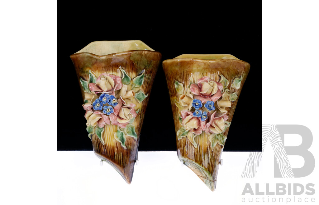 Pair Retro Porcelain Wall Pockets with Applied Flowers by Sheila Anne, Sydney