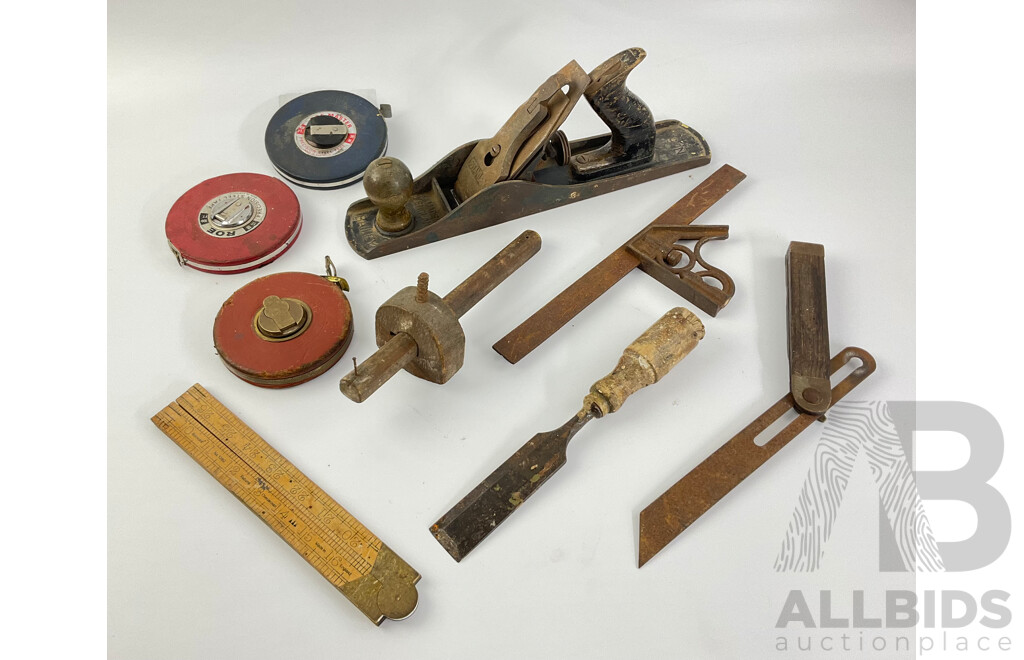 Collection of Traditional Wood Working Tools Including Stanley Number Five Plane, Mortice Gauge, Sliding Bevel, Combination Square, Rabone Folding Ruler, Stabila and Roe Tape Measures