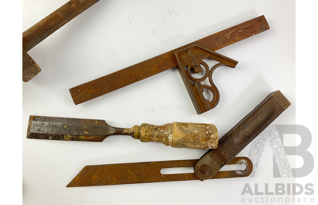 Collection of Traditional Wood Working Tools Including Stanley Number Five Plane, Mortice Gauge, Sliding Bevel, Combination Square, Rabone Folding Ruler, Stabila and Roe Tape Measures