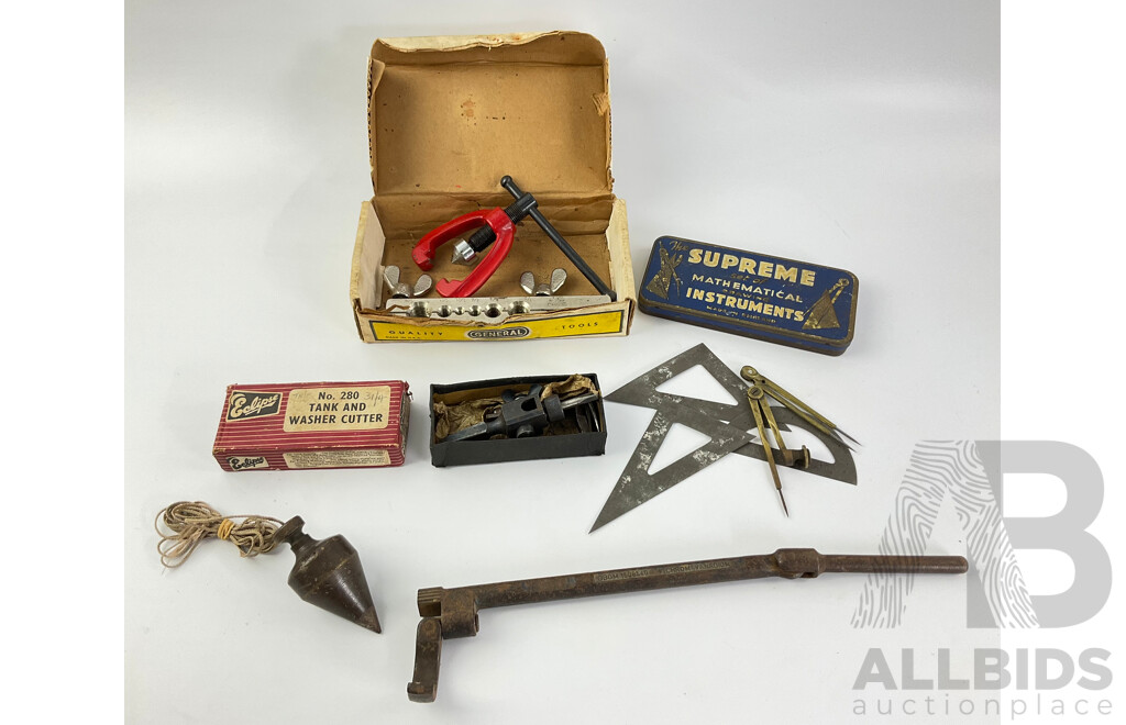 Collection of Vintage Tools Including General Flaring Tool, Tank and Washer Cutter, Plumb Bob, Basin Wrench and Metal Supreme Mathematical Instruments