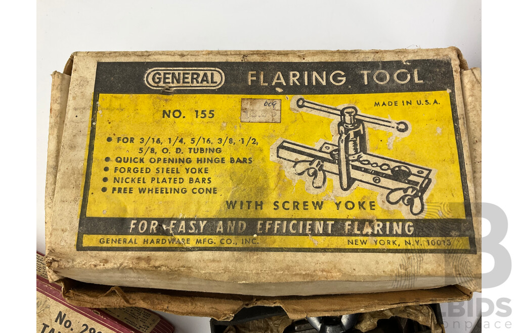 Collection of Vintage Tools Including General Flaring Tool, Tank and Washer Cutter, Plumb Bob, Basin Wrench and Metal Supreme Mathematical Instruments