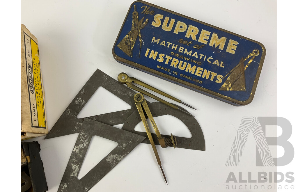 Collection of Vintage Tools Including General Flaring Tool, Tank and Washer Cutter, Plumb Bob, Basin Wrench and Metal Supreme Mathematical Instruments