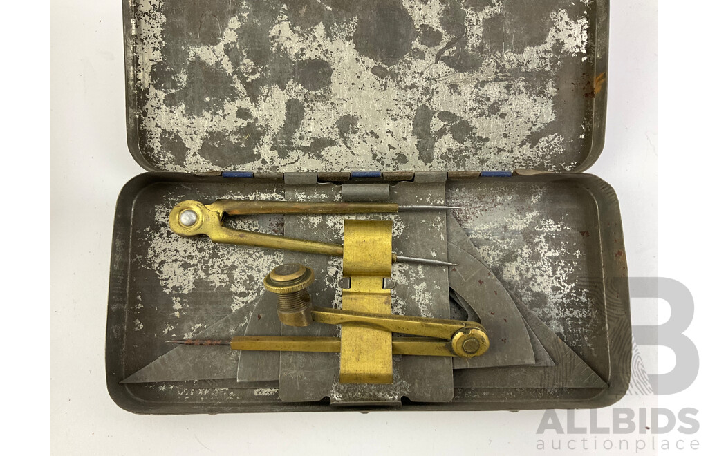 Collection of Vintage Tools Including General Flaring Tool, Tank and Washer Cutter, Plumb Bob, Basin Wrench and Metal Supreme Mathematical Instruments