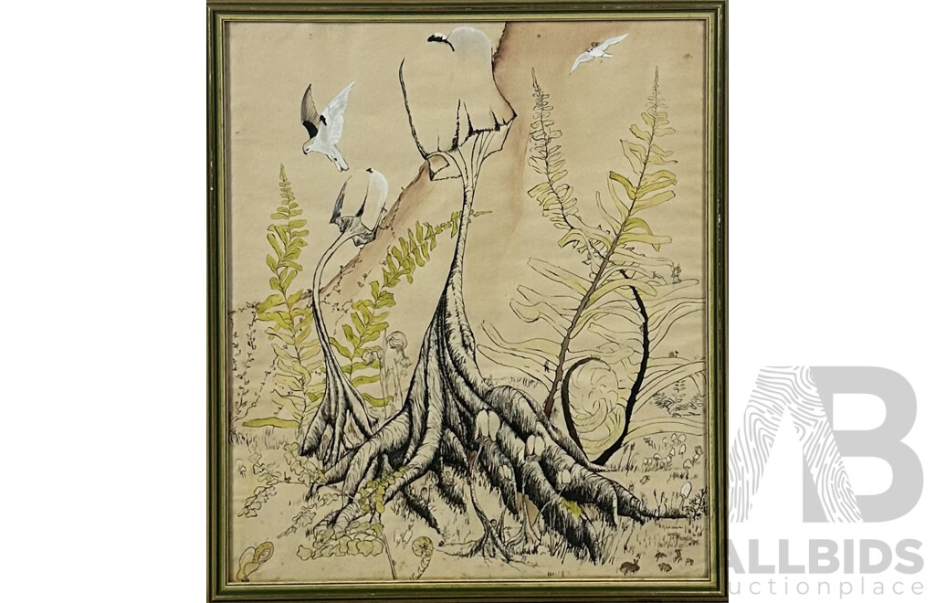 Jenny Boyes (Date Unknown, Working C1970s), Magical Fairy Tree, Ink and Watercolour on Paper, 58 x 50 cm (frame)