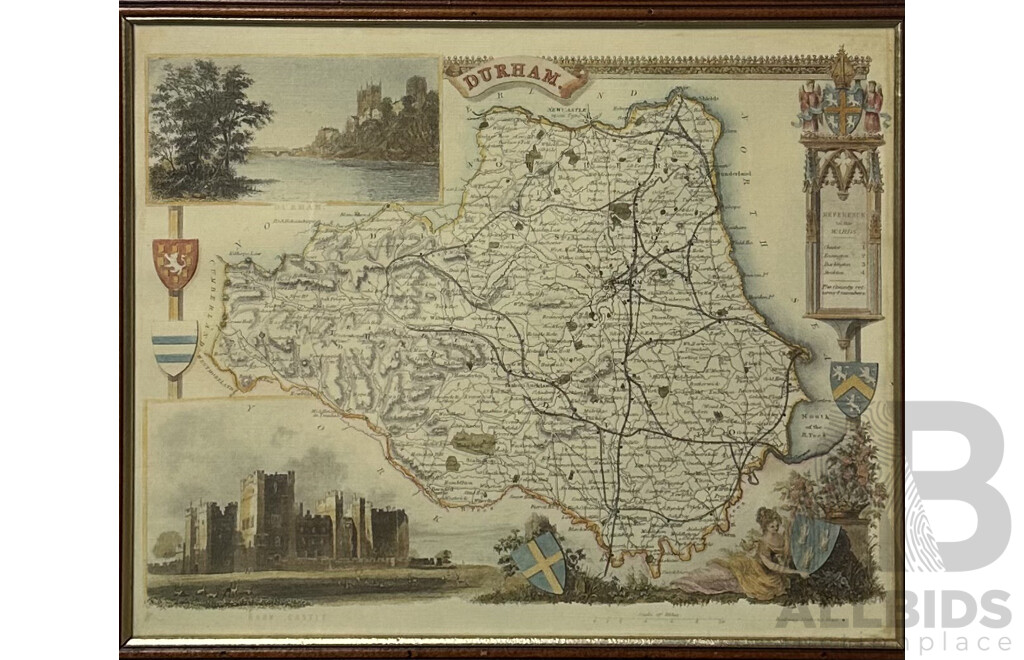 Lovely Reproduction Print of Original Antique Victorian Lithograph Map, County Durham, 44 x 54 cm (frame)