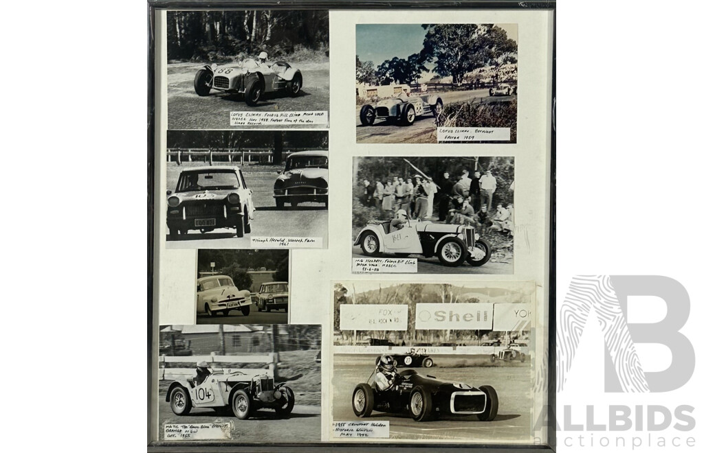 Collection of Seven Framed Vintage Photographs (In Singular Frame), Historic Race Cars, Most Photographs Titled and Described and Mainly From c1950s,  57 x 51 cm (frame)