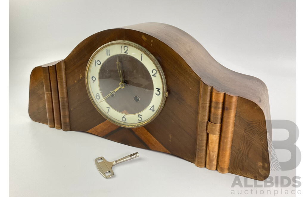 Vintage Art Deco Walnut Veneer Mantle Clock, German Movement