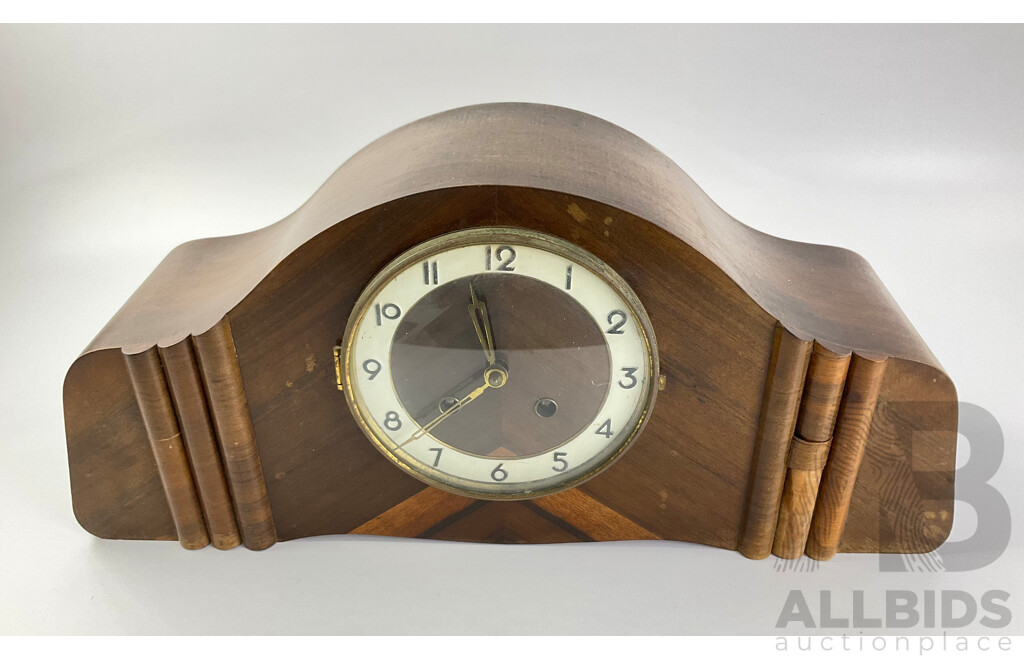 Vintage Art Deco Walnut Veneer Mantle Clock, German Movement