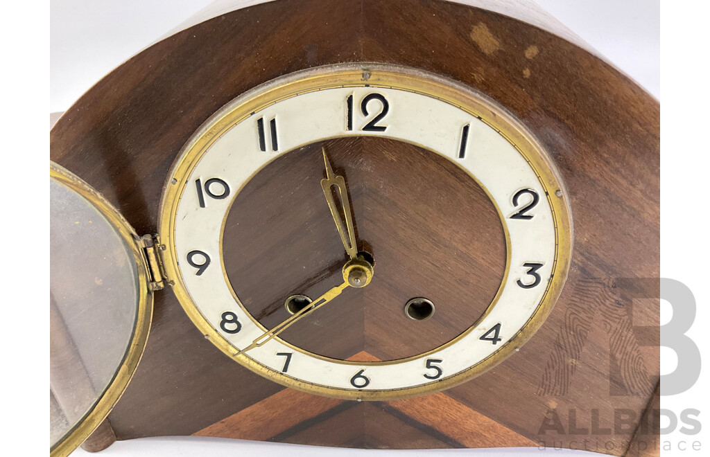 Vintage Art Deco Walnut Veneer Mantle Clock, German Movement