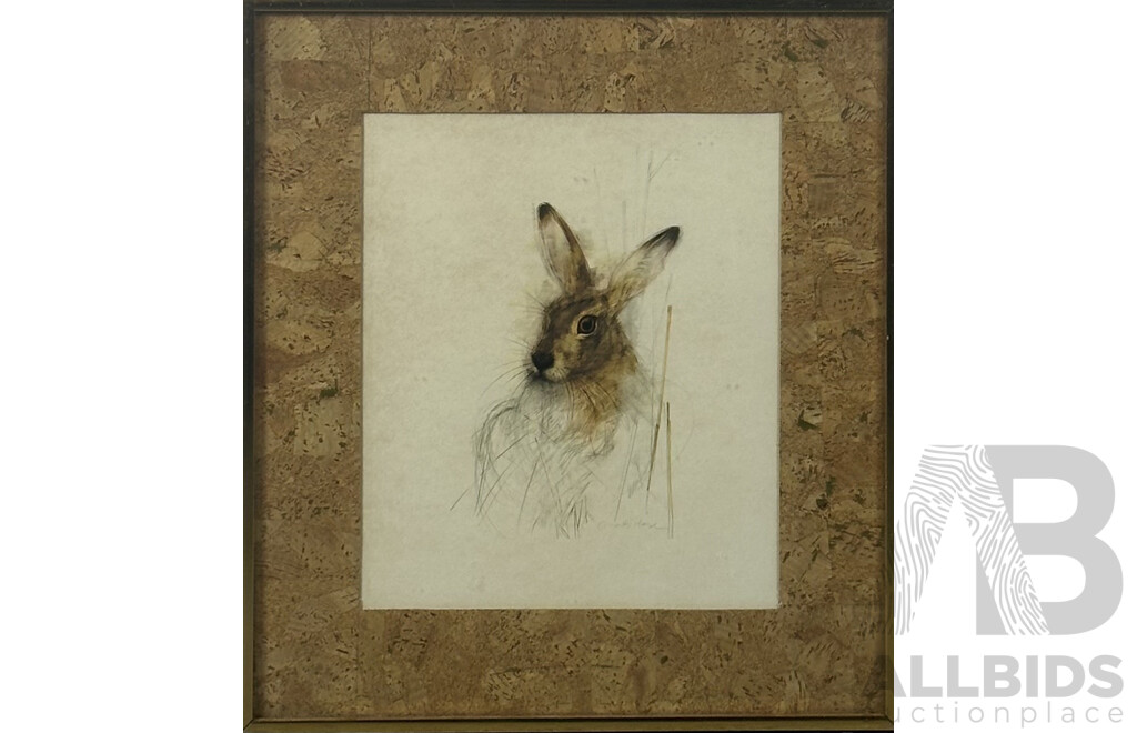 Mads Stage, (20th Century, Danish, 1922-2004), Portrait of a Hare, Good Reproduction Print of Original Pencil and Watercolour, 44 x 39 cm (frame)