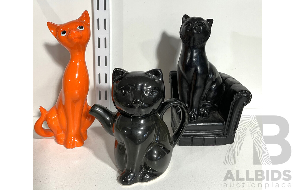 Three Vintage Cats Including One Teapot Form