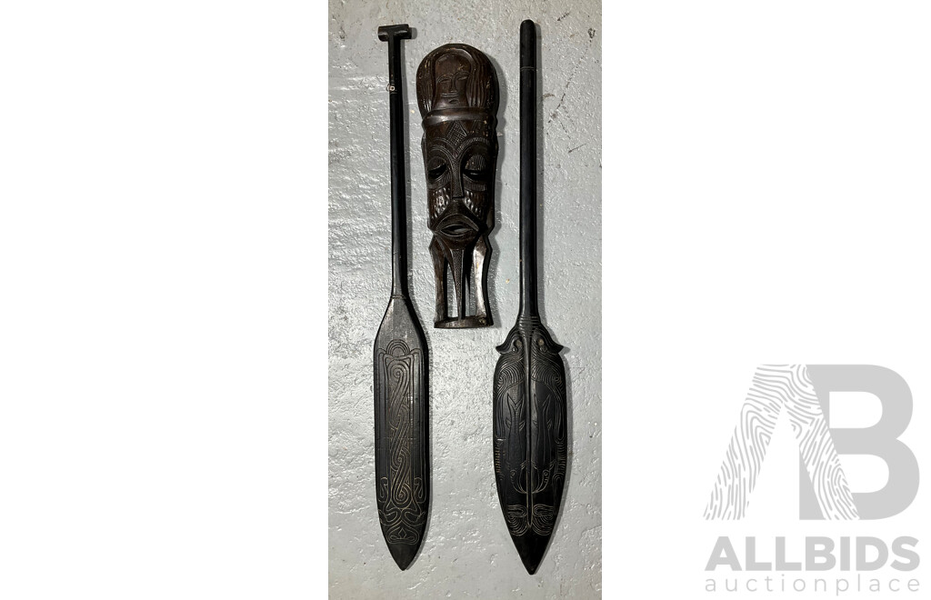 Pair of Carved Timber Oars and Mask