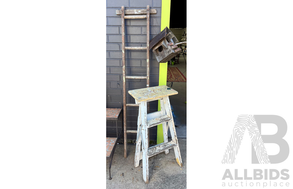 Two Wooden Ladders and Wooden Birdhouse