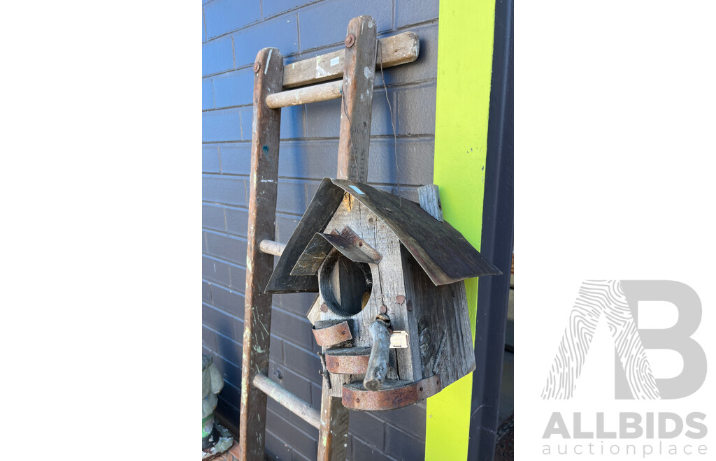 Two Wooden Ladders and Wooden Birdhouse