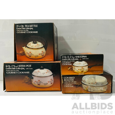 Collection of Vintage Countryside Collection Porcelain on Steel Gourmet Cookware Including Kettle, 2.2L Saucepan and More