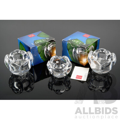 Pair Mid Century Holmegaard Lotus Crystal Votives in Original Boxes Along with Smaller Example